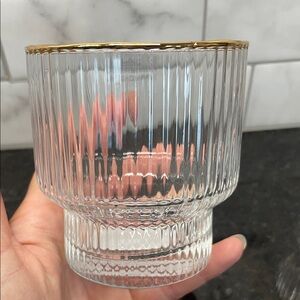 Retro Ribbed Gold Rimmed Double Old Fashioned Rocks Tumbler Glass